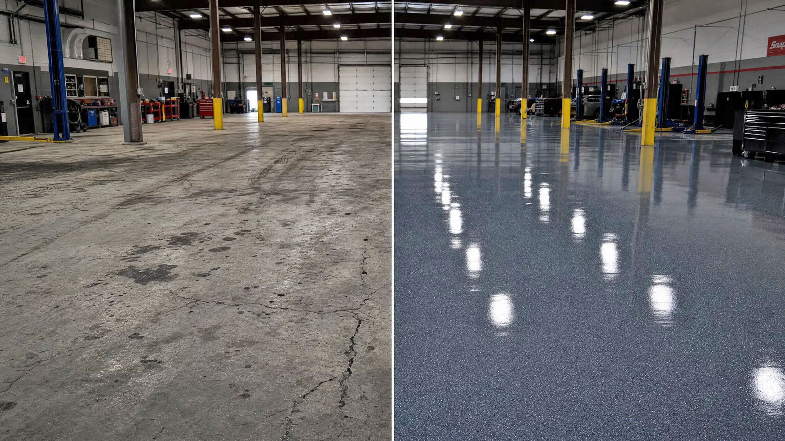 Commercial floor coating before and after — commercial garage or service space in Green Bay WI